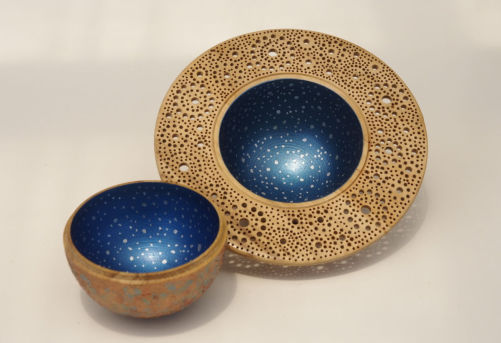 Turned, textured and painted planet box with pierced rim